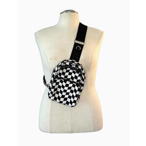 Black White Checkered Sling Crossbody Bag Adj Strap Zippered EUC